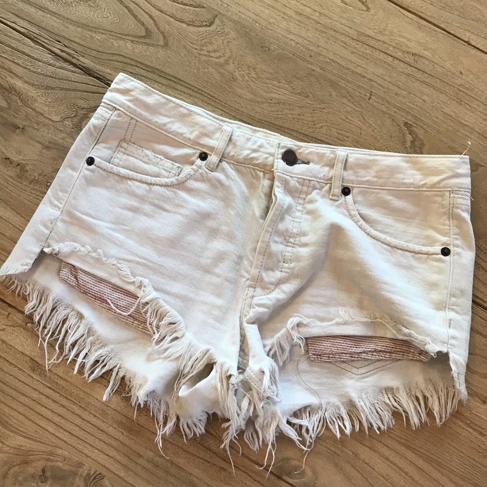 Free People Worn White Button Fly Jean Shorts